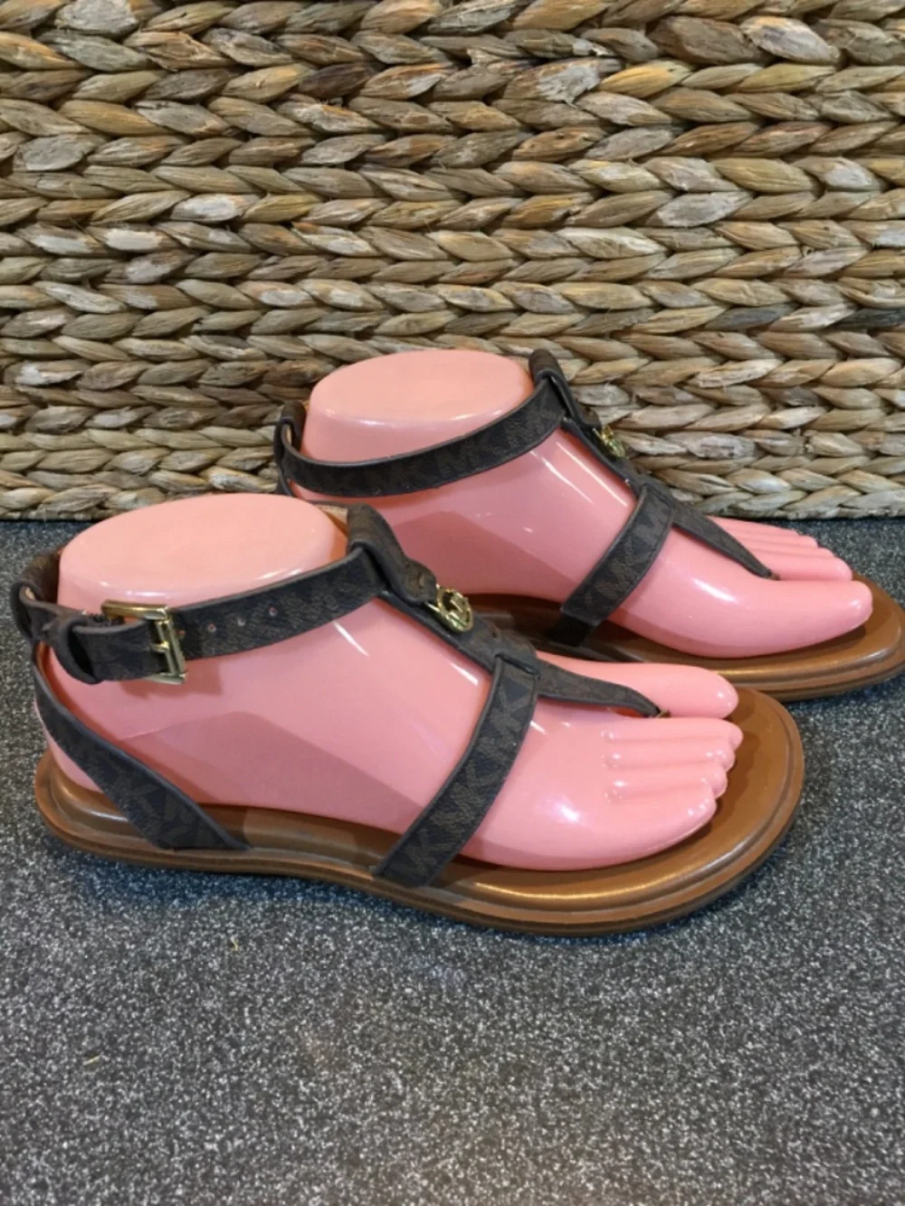 MICHAEL Michael Kors Brown Monogram T-Strap Brown Sandals